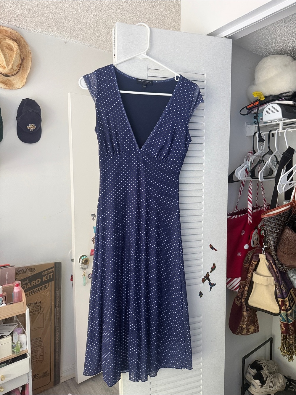 See You Monday Navy Polka Dot V-Neck Midi Dress
